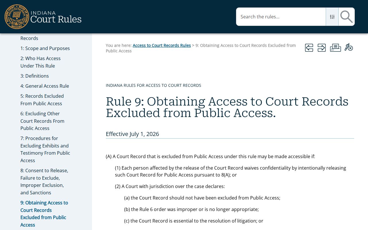Indiana Access Rule 9 court records page