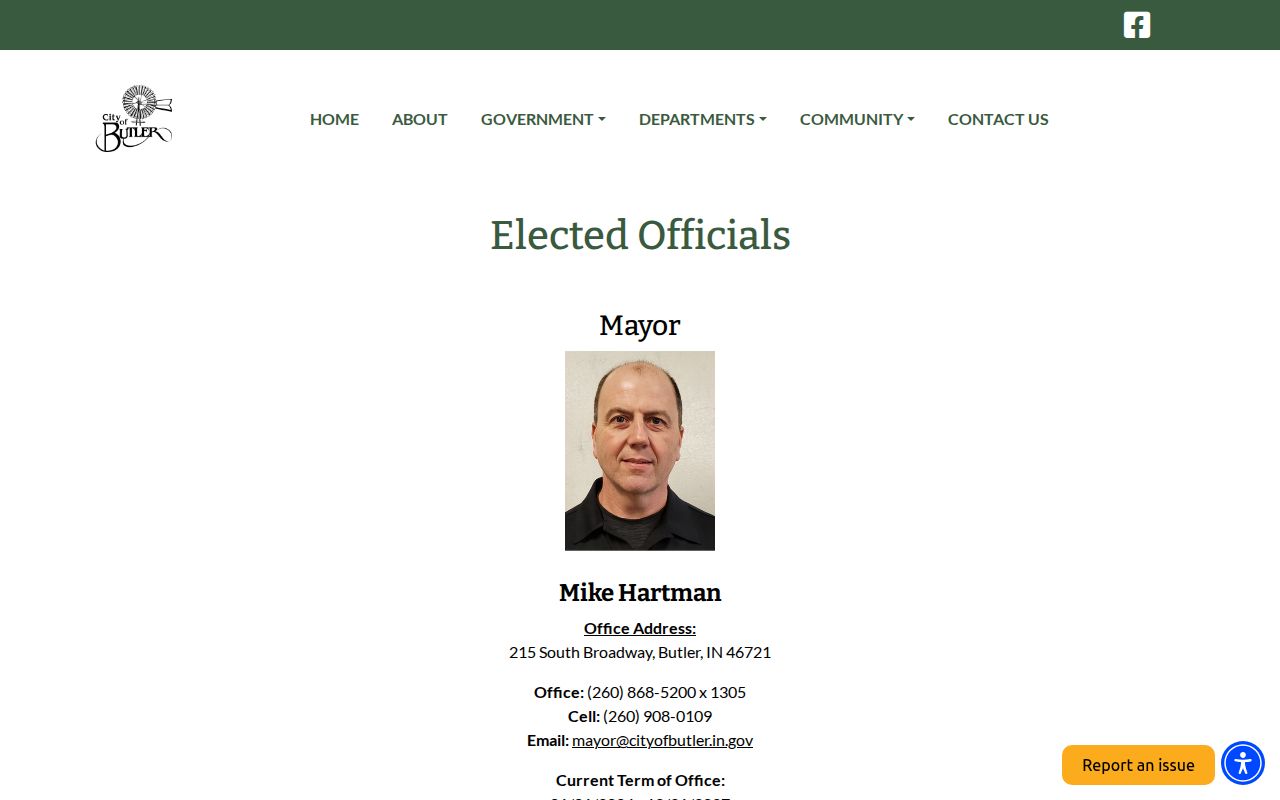 Official Butler Indiana page listing the City Court judge and contact