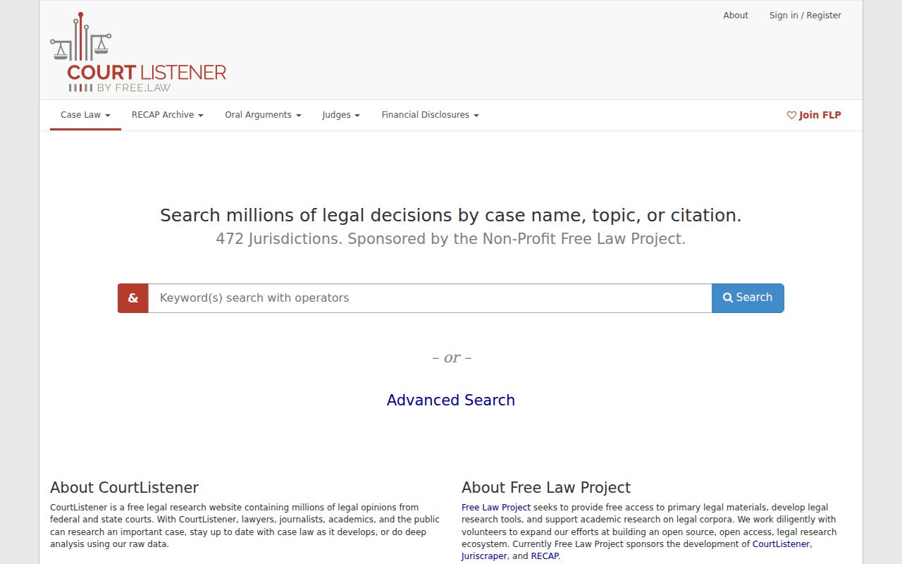 CourtListener legal opinion and docket research home page