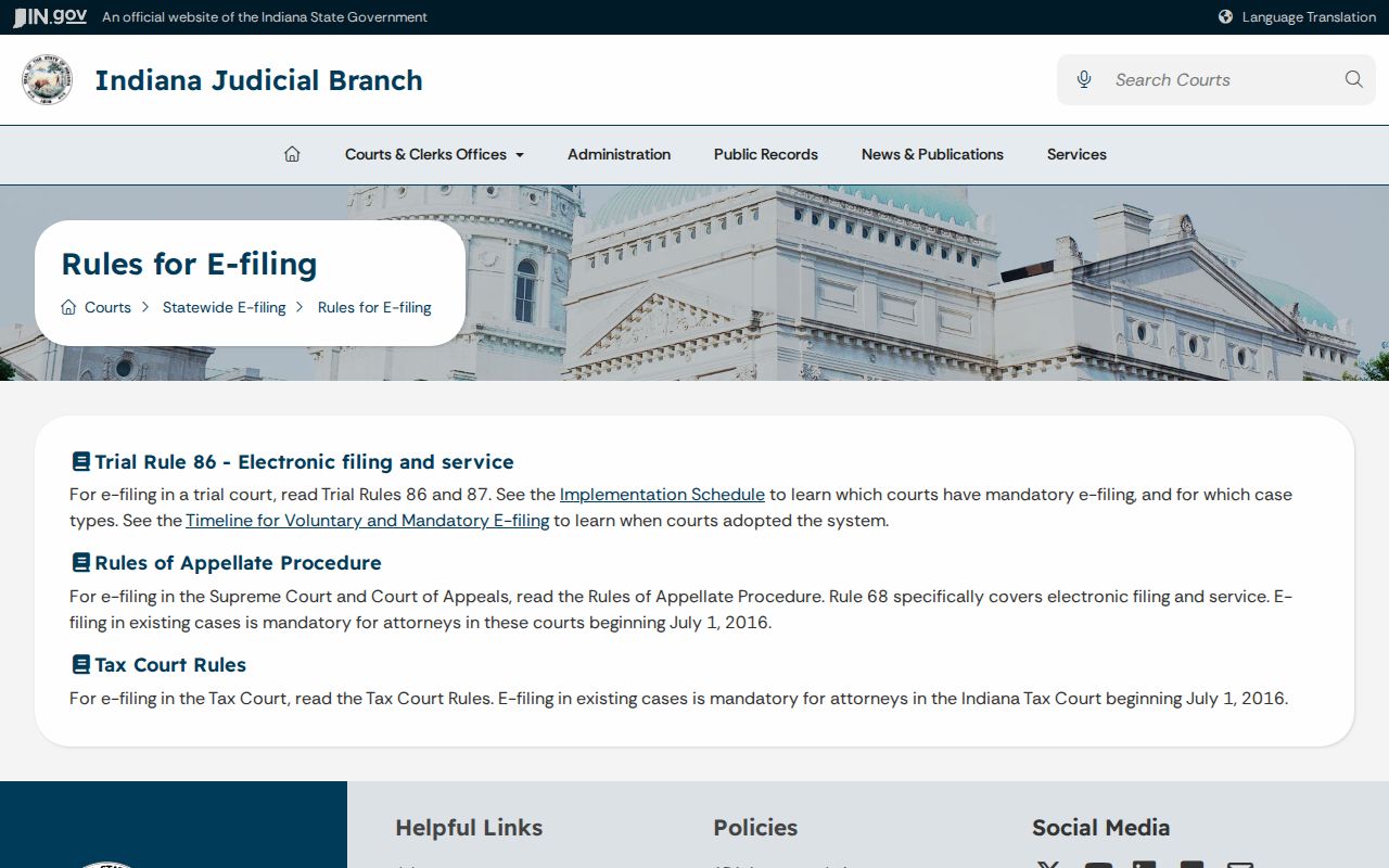 Indiana court electronic filing rules page
