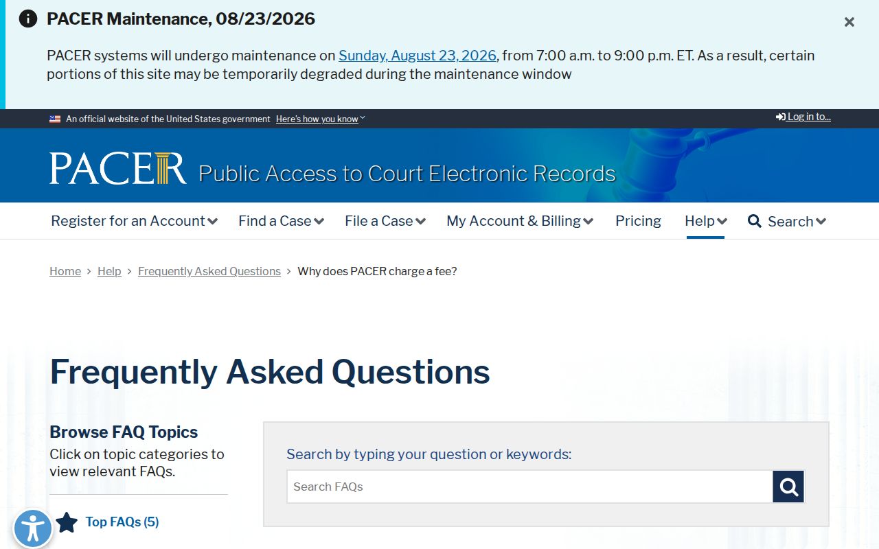 PACER federal court record fee help page