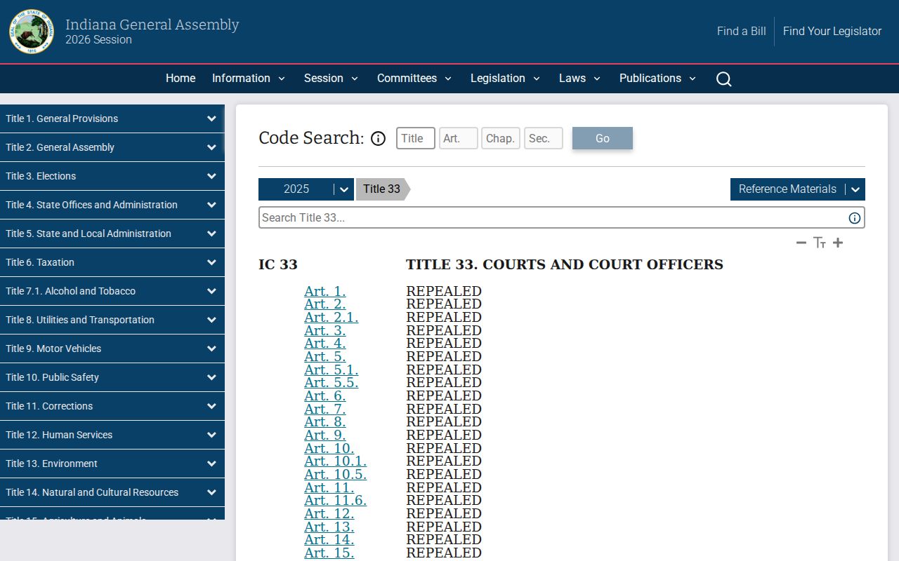 Indiana Code Title 33 courts and court officers page