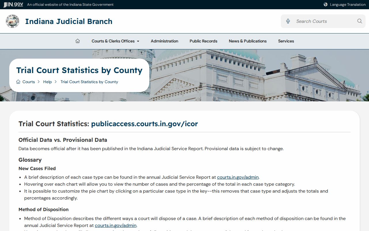 Indiana trial statistics help and reporting explanation