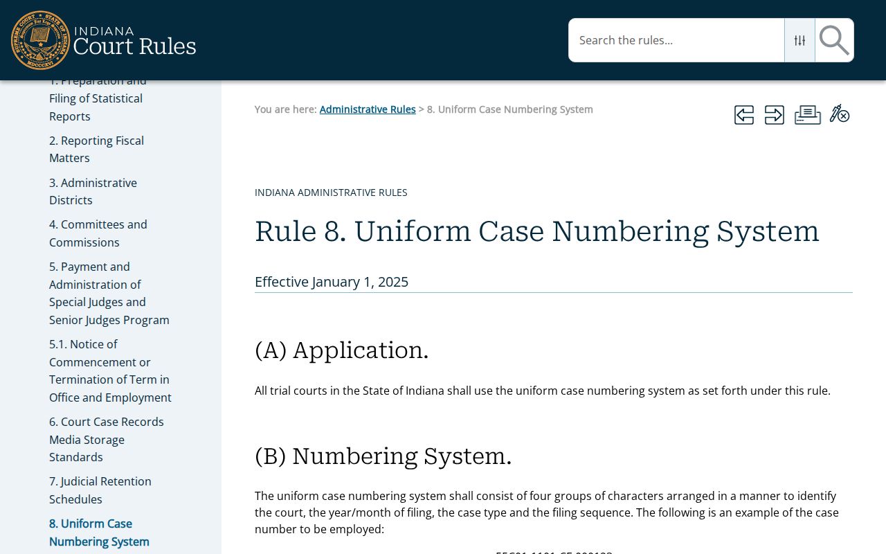 Indiana Administrative Rule 8 uniform case numbering page