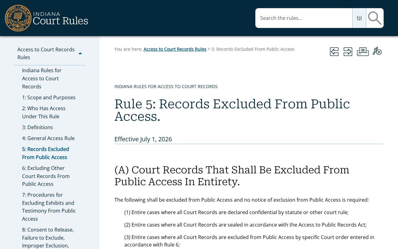 Indiana Access Rule 5 excluded record categories