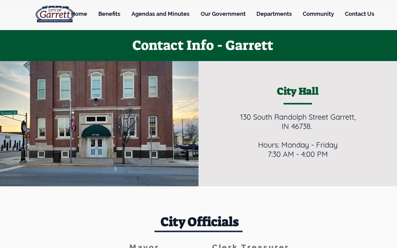 City of Garrett contact directory with municipal offices