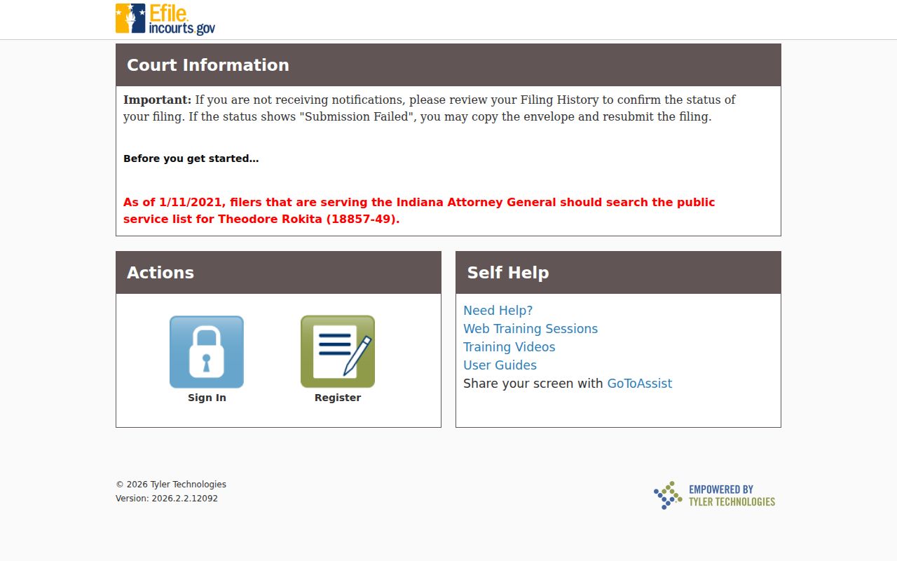 Indiana state electronic filing service provider page