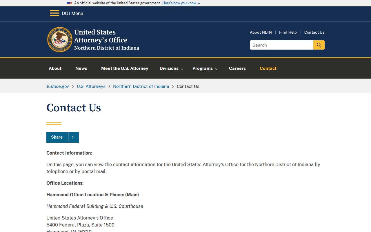 Northern District of Indiana federal office serving Hamilton