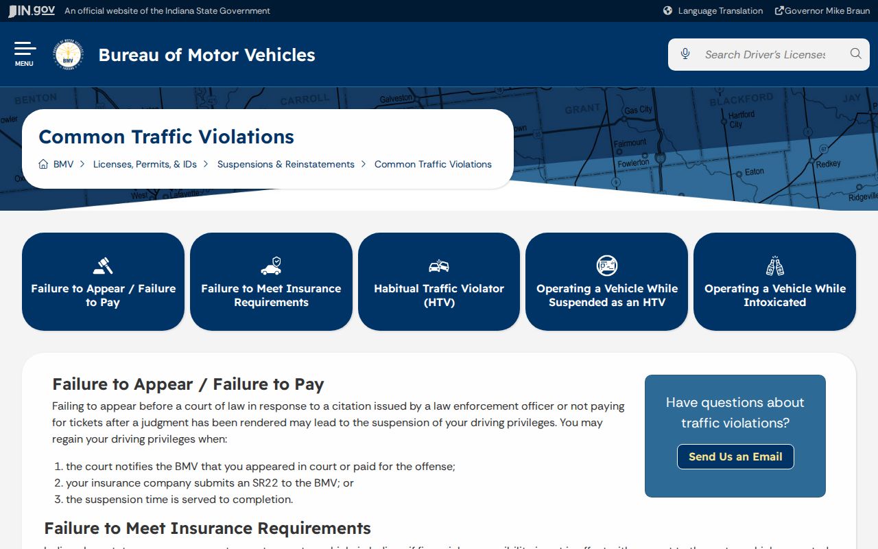 Indiana BMV common traffic violation information