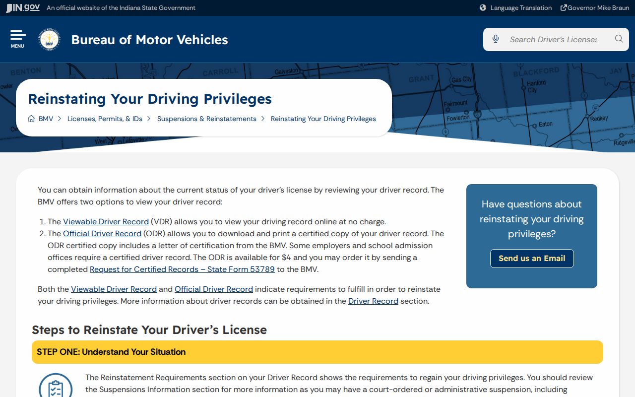 Indiana BMV driving privilege reinstatement information