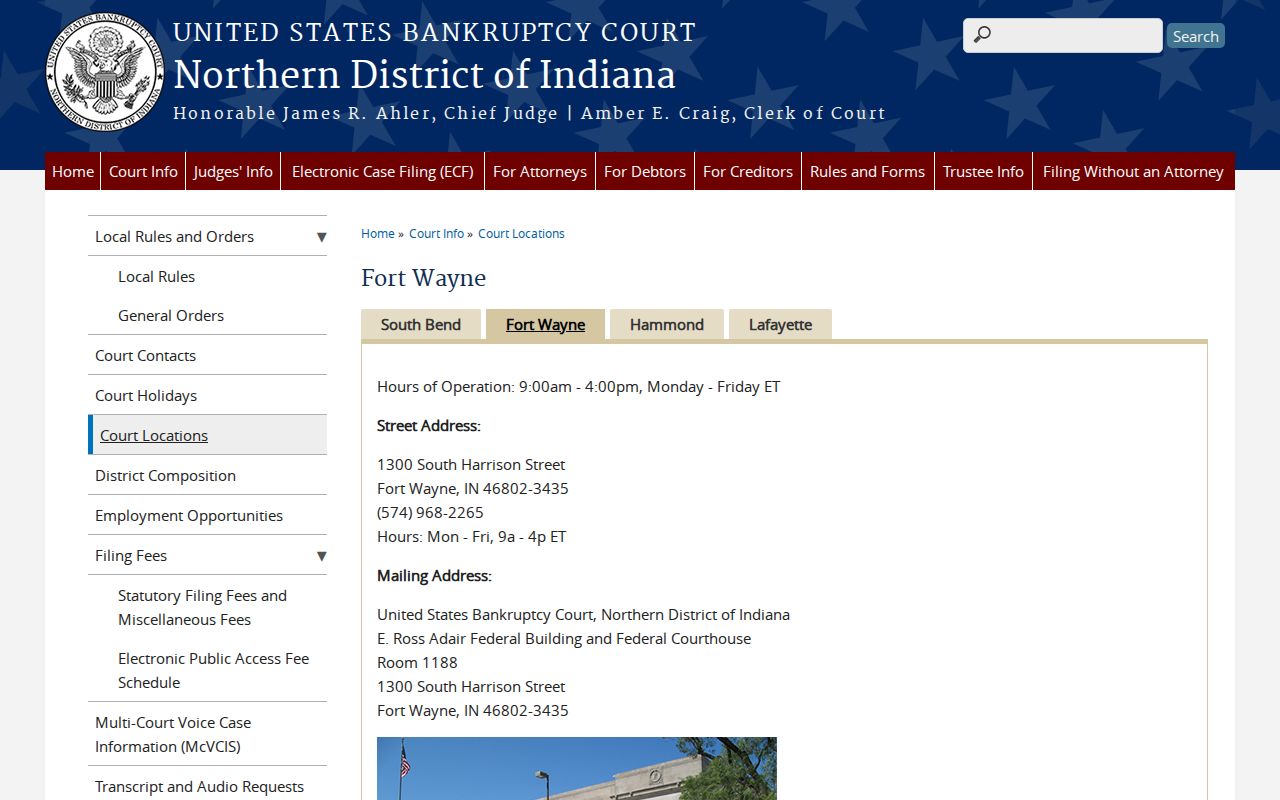 Northern District of Indiana Bankruptcy Court Fort Wayne page