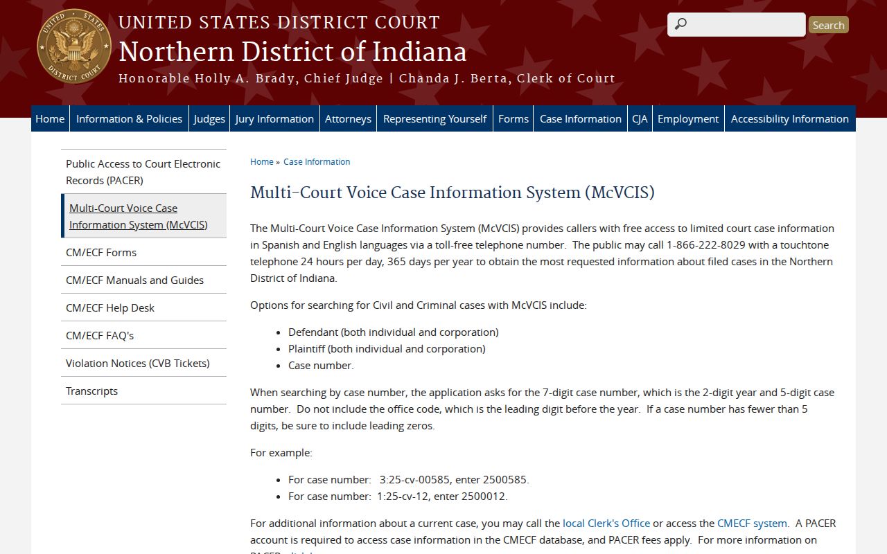 Federal Multi-Court Voice Case Information System instructions